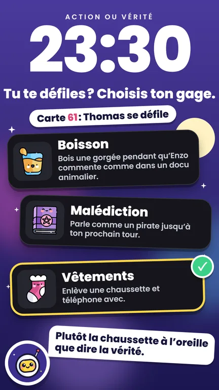 Image du store, 23:30 – Tu te défiles ? Choisis ton gage.